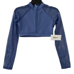 Baltogs Dance Top Womens Mock Neck Long Sleeves Blue Mesh Crop Top NWT